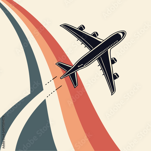 Airplane flying over retro colored stripes with exhaust trails on a light cream background design created with generated ai