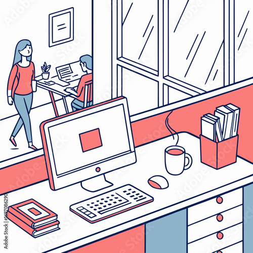 Isometric view of an office scene with a woman walking in and a desk with computer and books created with generated ai