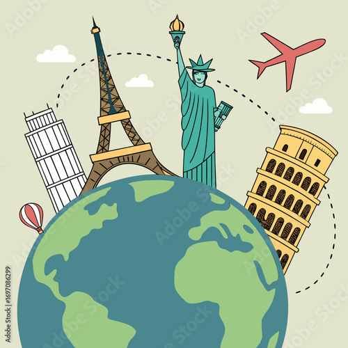 World landmarks on globe with eiffel tower statue of liberty colosseum and leaning tower of pisa drawing created with generated ai