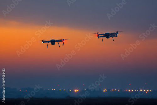 invisible military drones patrol border at dusk quietly observing nearby city as sun sets