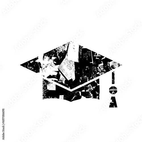 Vector Distressed graduation cap with letter elements.