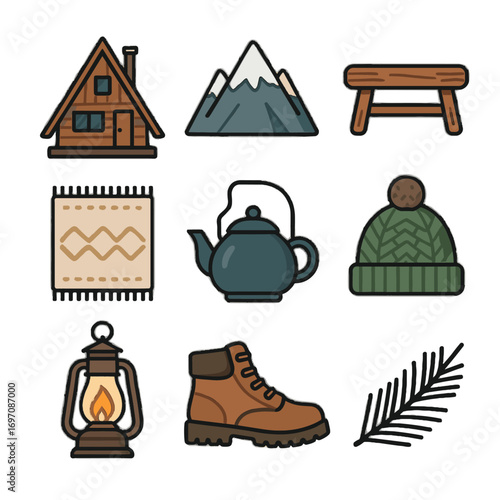Mountain icons hat retreat boot pine steaming knitted hiking wool cabin vector