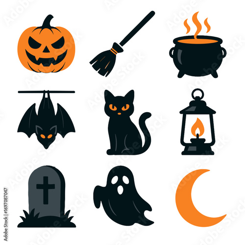 Silhouette set gravestone vector flame cauldron halloween moon bat cross ghostly icon