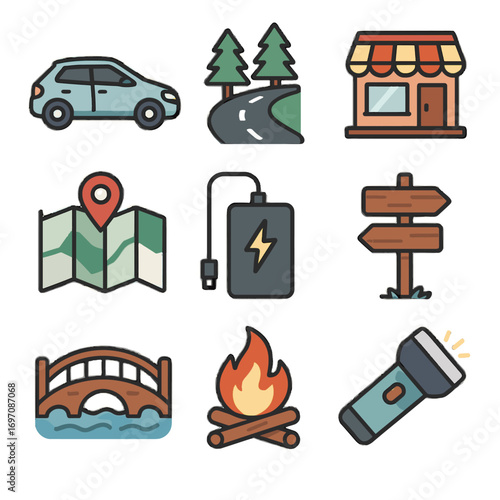 Small power vector icon hiking travel trip sign road bridge map icons