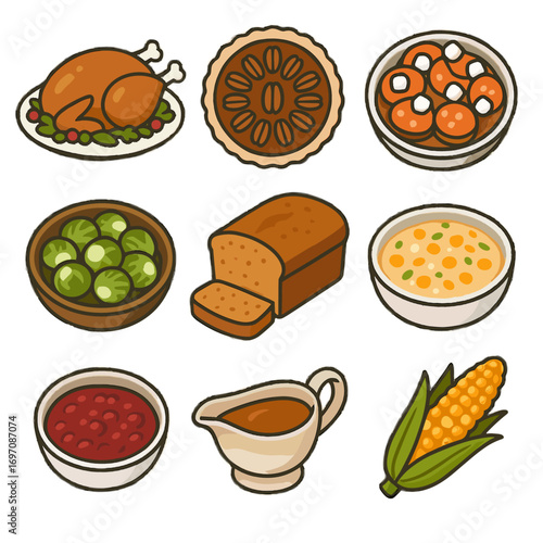 Cranberry vector platter thanksgiving icon dinner herb corn icons potatoes gravy chowder