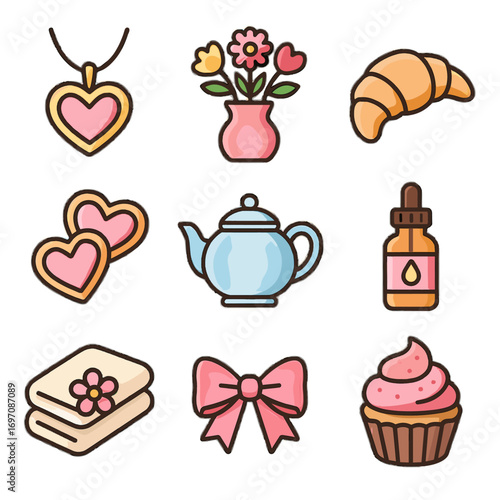 Gift essential pendant flowers s vase icon day croissant vector cupcake bottle