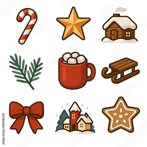 Cookie mug village icon holiday topper icons star sledge winter vector
