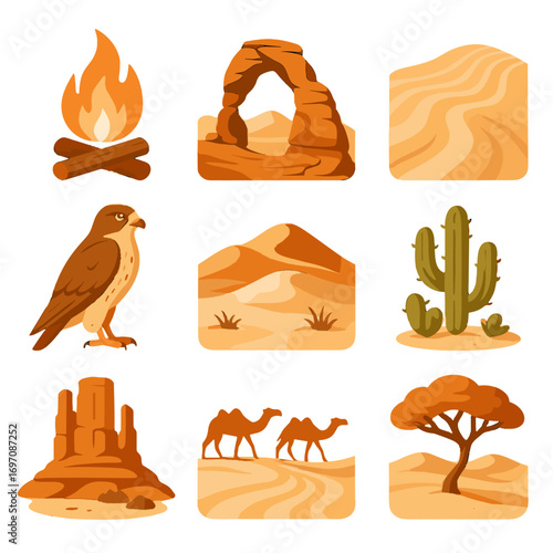 Sand collection vector tracks hill tree cactus icon falcon desert icons arch