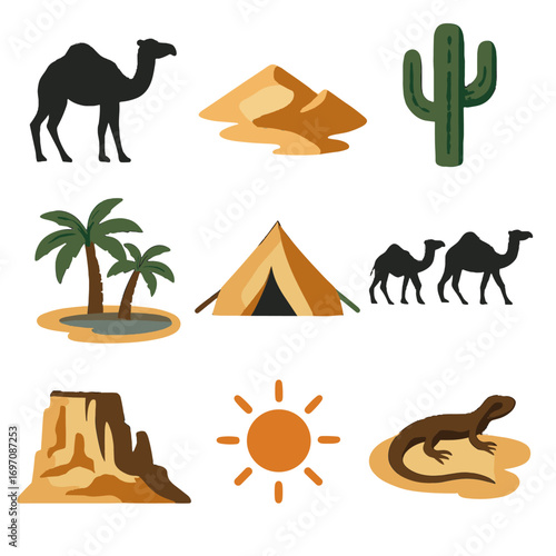 Sand silhouette trees icons desert sun icon adventure palm vector caravan tent