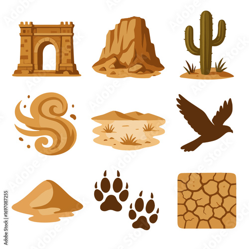 Icon adventure cactus lone dry vector falcon swirl icons gate desert ancient