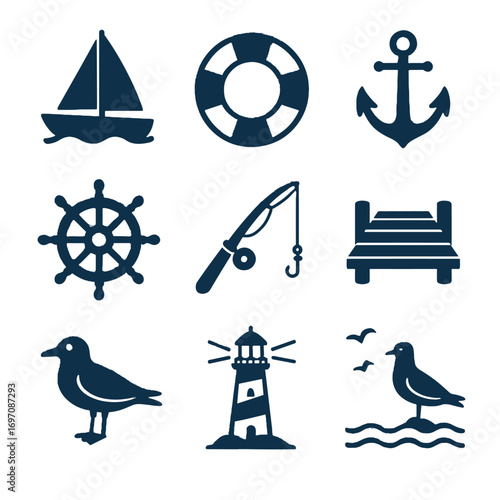 Steering sailboat fishing lifebuoy waves nautical wheel lighthouse dock set vector icon
