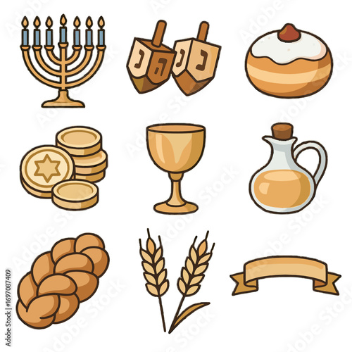 Set candle two bread icon pile goblet bottle hanukkah menorah vector jelly