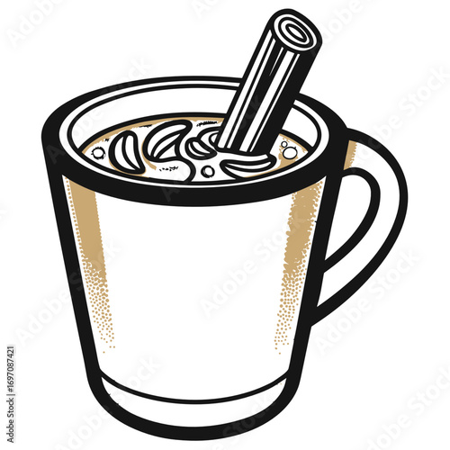 Hot beverage with cinnamon stick in a white mug  
