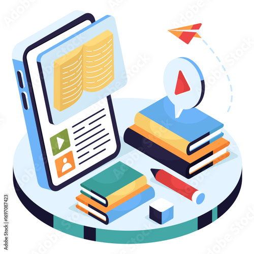 Conceptual isometric design illustration of mobile book