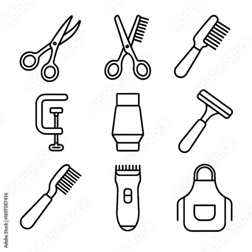 Scissors rake clippers icon apron essentials thinning pet grooming vector dematting dryer