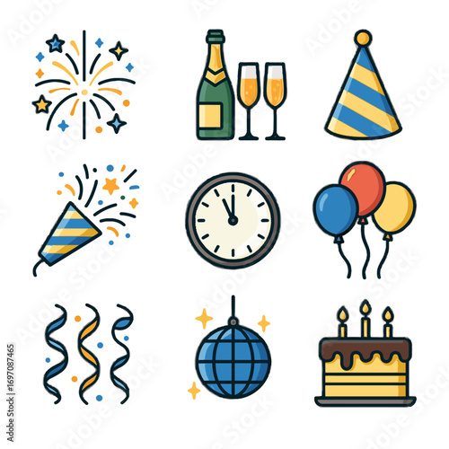 Balloons icon glasses disco popper cake ball new year midnight clock icons