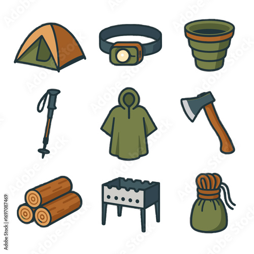 Folding vector icon tent gear cup torch trekking grill camping icons rain