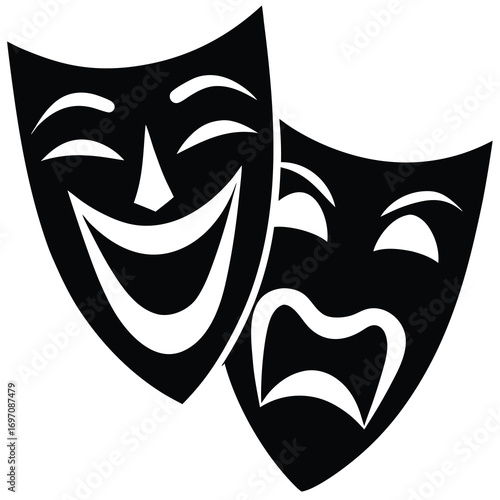 Black and white illustration of theatre masks one happy and one sad on white comedy tragedy