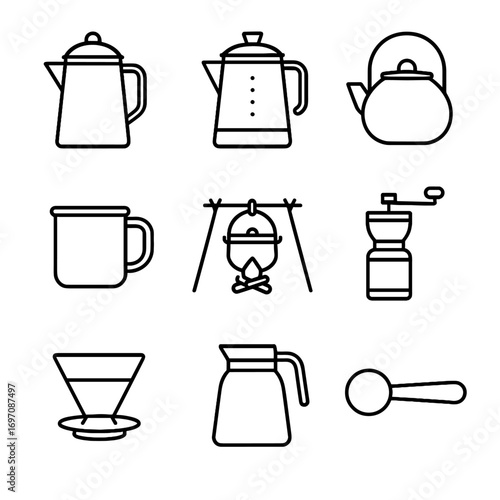 Campfire icons hand pot scoop outdoor thermal coffee holder vector mug collapsible