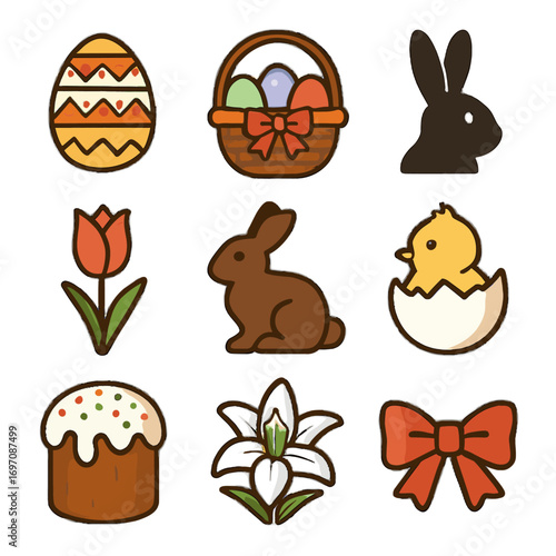 Tulip bloom from geometric bunny chick ribbon vector emerging icon set easter