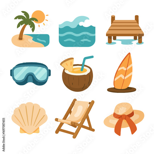 Surfboard vector turquoise wooden beach icons jetty island hat icon escape goggles