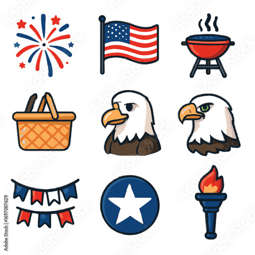 Icon marching barbecue bald emblem independence drum basket flag burst vector day