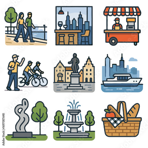 Icon city picnic exploration public boat bike food stand art street icons