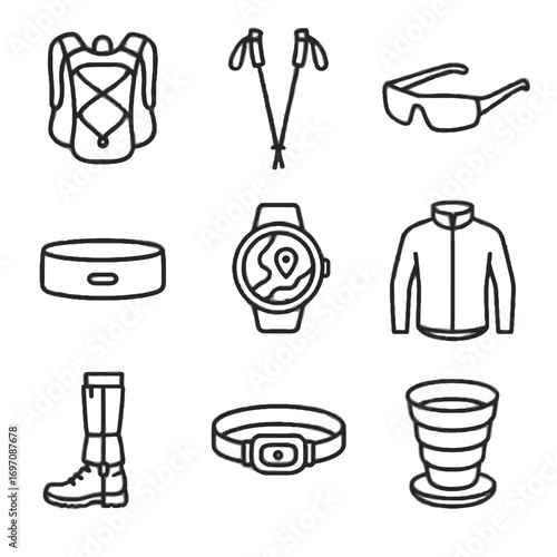 Icons gaiters water icon collapsible running watch vector outdoor fitness jacket cup