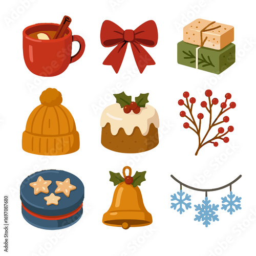 Vector hat apple market snowflake icons cider icon holiday cake handmade bell