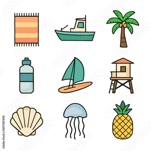 Vector icons palm icon boat board shell coconut vacation sea summer mat