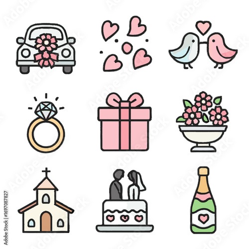 Box gift collection topper lovebirds vector icon wedding diamond church icons car