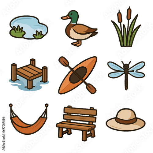 Dragonfly pier duck vector wooden sun countryside pond plant kayak icon icons