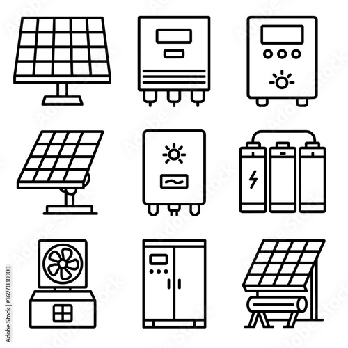 Tracking battery vector industrial system icon charge ventilation solar control icons fan