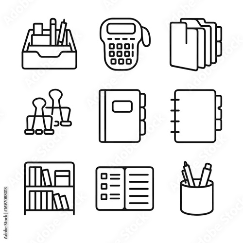 Vector binder pen holder sticky icon organizer notebook study bookshelf clips language