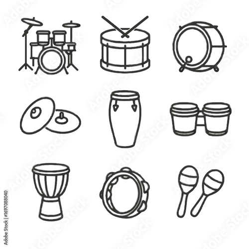 Conga djembe maracas tambourine bongo instrument drum snare percussion icon cymbals vector