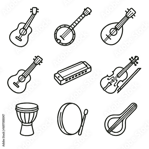 Icon ukulele banjo bodhran vector instrument mandolin djembe fiddle folk harp guitar