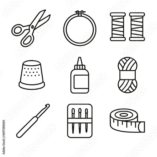 Set measuring spools art hook textile icon skein icons needle fabric vector