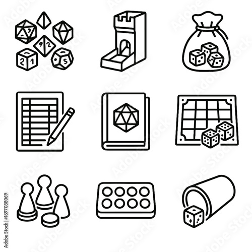 Board dice polyhedral tower cup icon bag rulebook vector sheet game counter