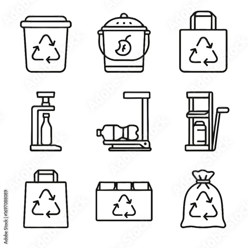 Glass bin crusher reusable compost icon sack bottle household recycling vector icons