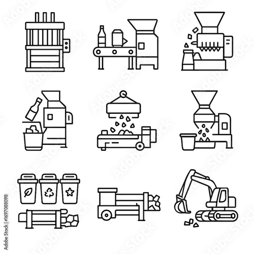 Loader glass bin conveyor sorting icon waste compactor industrial metal vector recycling