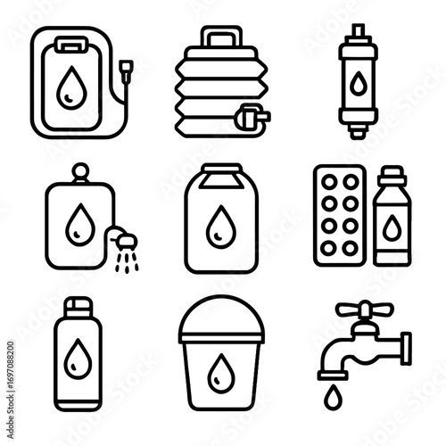 Insulated gear spigot bottle water vector jug icon camping tap tablets bucket