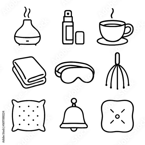 Mindfulness comfort icons vector bell tools oil massager pillow diffuser icon relaxation