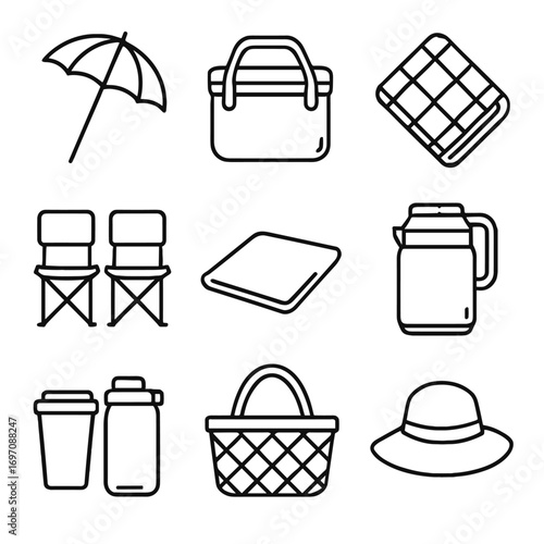 Picnic icons set equipment insulated tray bottles chairs cooler vector icon food