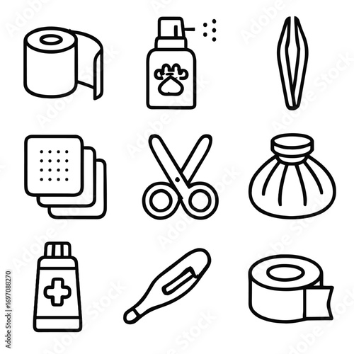 Icon ice aid vector pack first spray pet thermometer scissors tape gauze