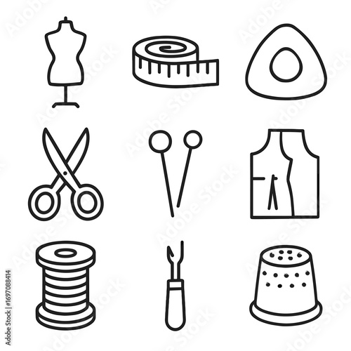 Tools icons scissors ripper pattern tape icon spool tailoring chalk sewing vector