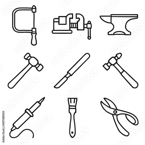 Crafting soldering hammer metal flux icon anvil brush saw file toolkit vector