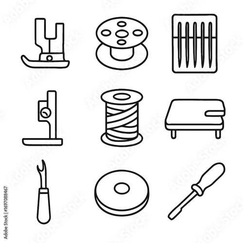 Vector icon seam tool cap foot presser sewing needle bobbin guide icons