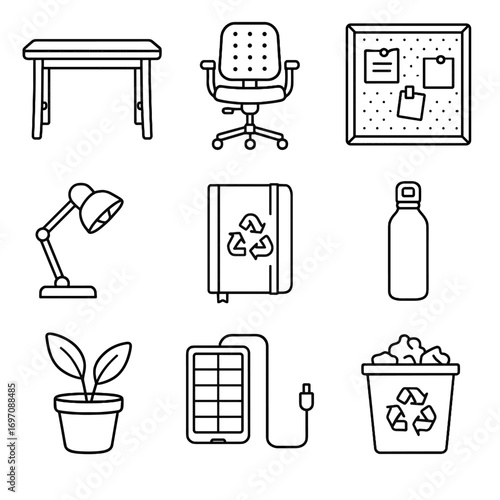 Recycled chair icon friendly lamp pot notebook bottle office eco desk water