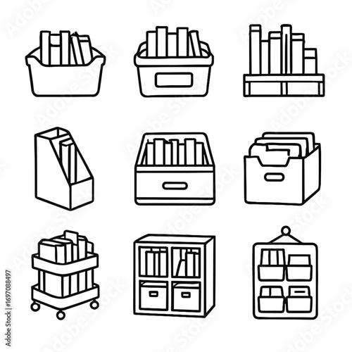 Vector rolling caddy bin labels book icon organized holder compartments magazine storage