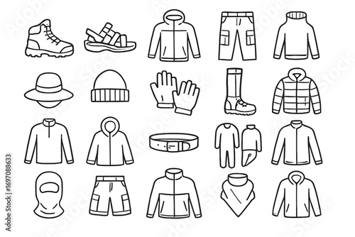 Hat vector cargo down belt clothing gaiters outdoor icons icon jacket beanie